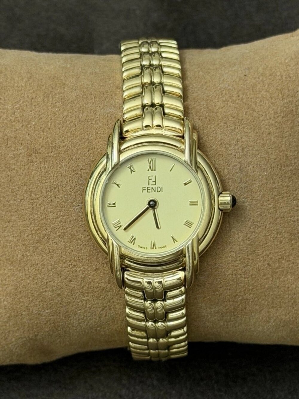 Fendi Swiss Made Quartz Analog Watch Gold Dial Roman Numerals Gold Bracelet 24mm